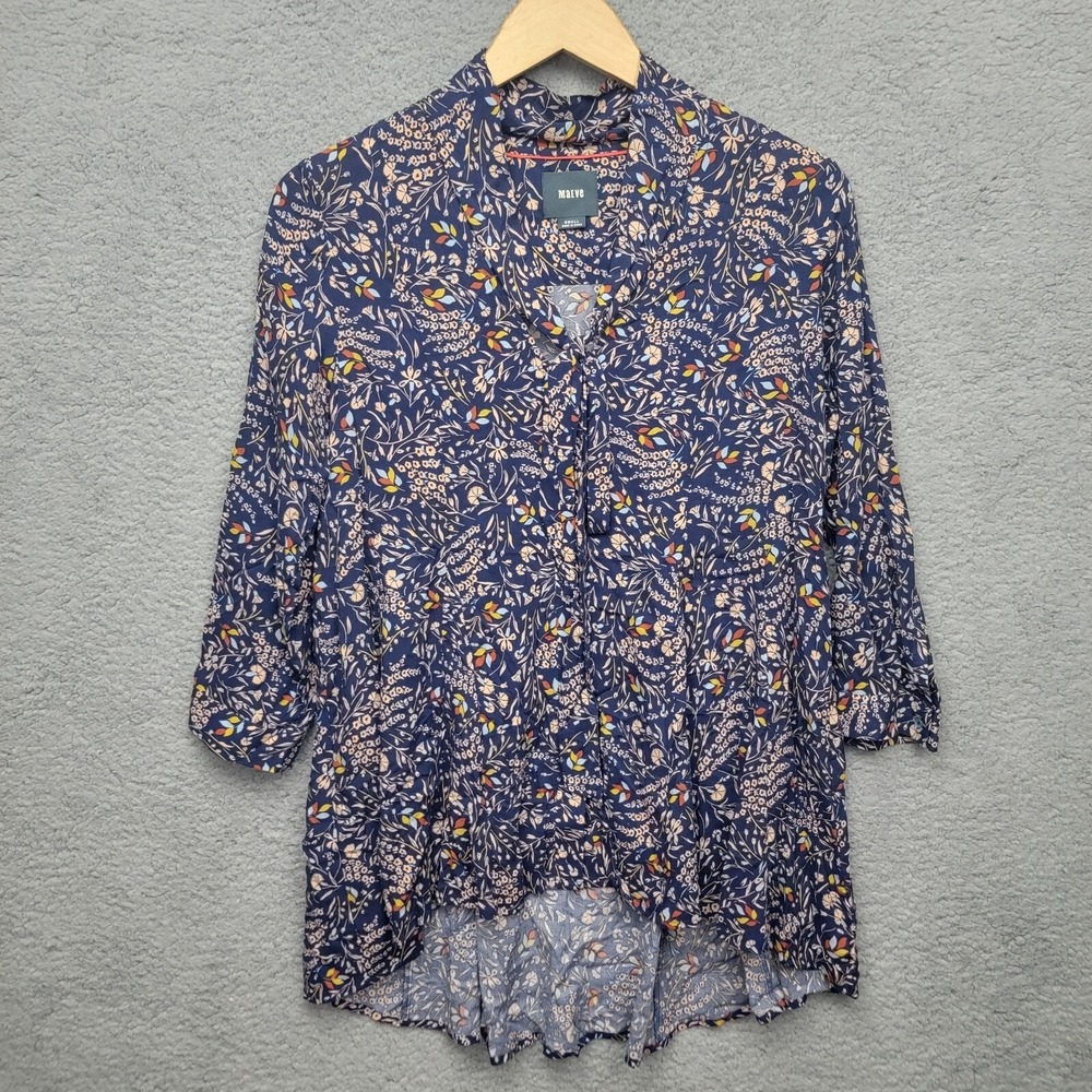 Maeve Navy Floral Tie Neck Button Up High Low Swing Blouse Size S